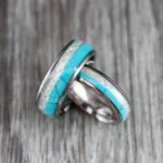 Turquoise Rings, Turquoise Wedding Bands, Silver Tungsten Bands with Meteorite and Turquoise Inlay - Image 4