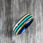 Turquoise Ring, Deer Antler Wedding Band, Blue Tungsten Bands with Deer Antler and Turquoise Inlay