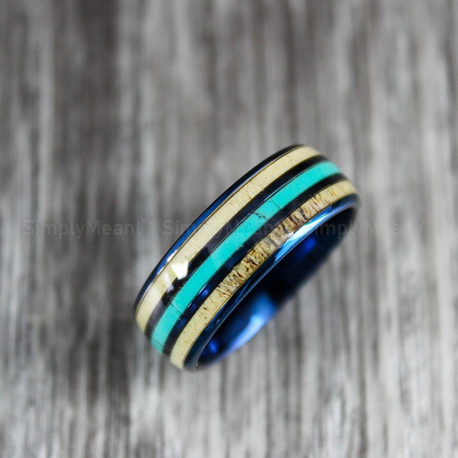 IMG_1659 Turquoise Ring, Deer Antler Wedding Band, Blue Tungsten Bands with Deer Antler and Turquoise Inlay - Image 1