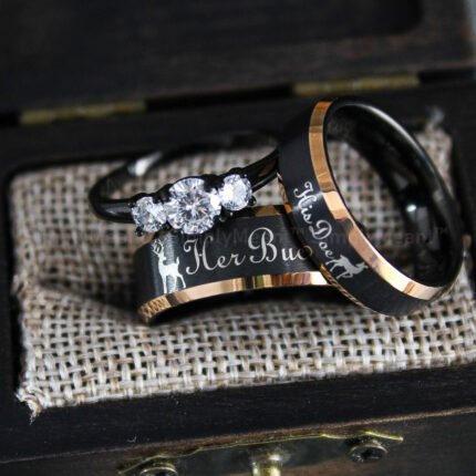 Her Buck His Doe Rings, Buck and Doe Rings, Buck and Doe Wedding Bands, Black Wedding Rings, Couple Rings