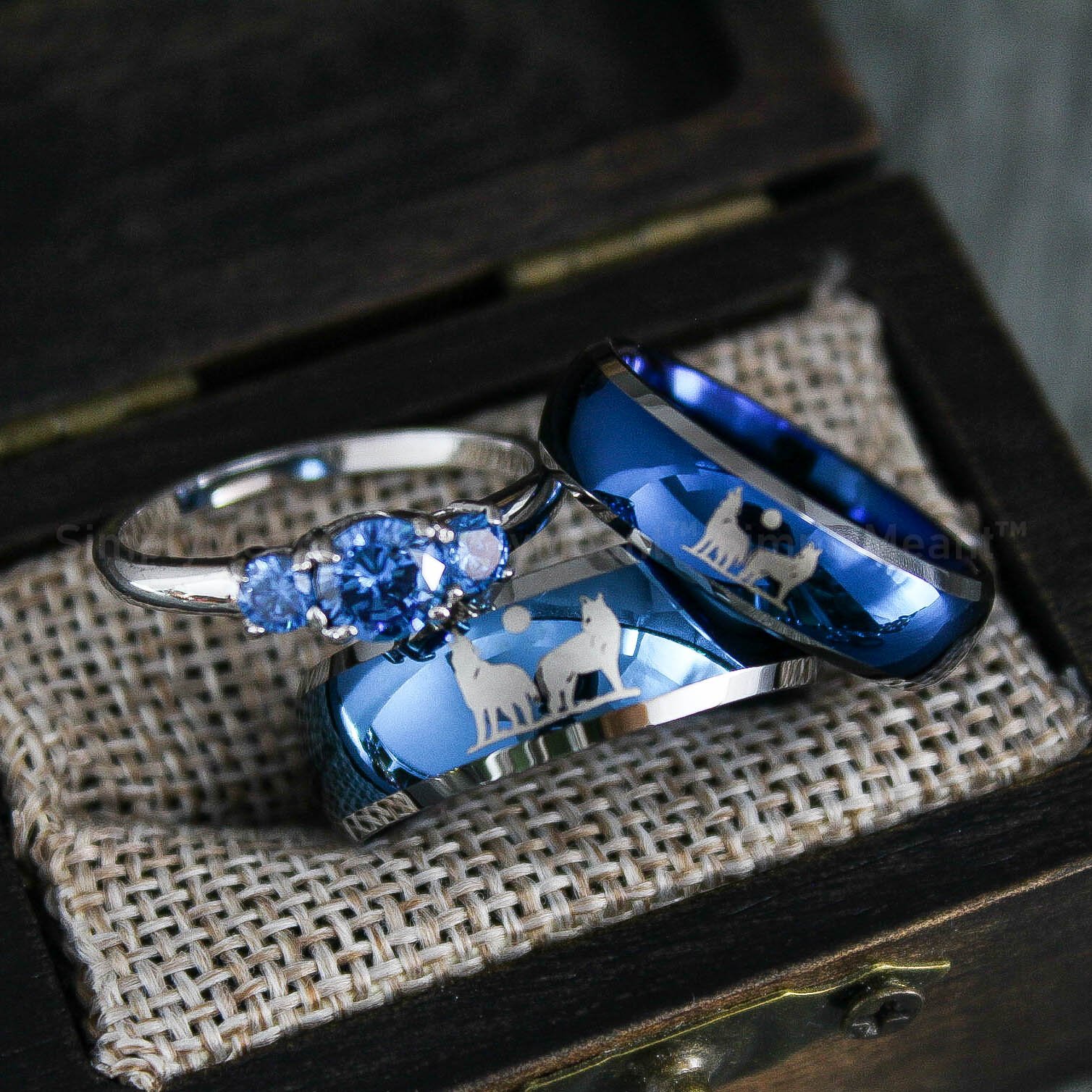IMG_1753 Wolves Rings, Howling Wolves Wedding Bands, Wolf Jewelry, Blue Wedding Bands - Image 1