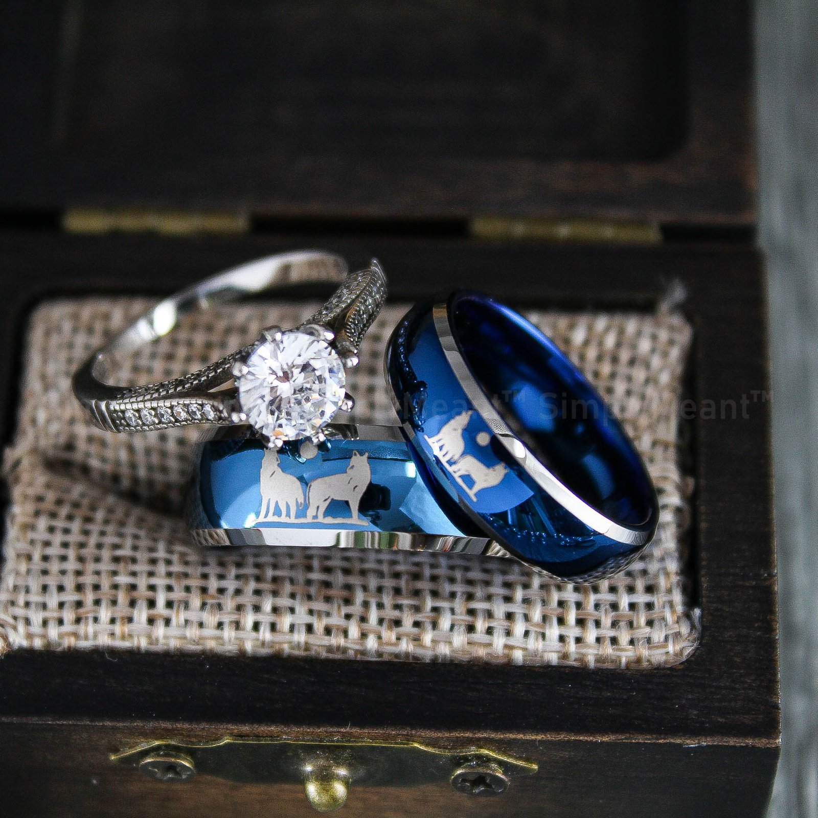 IMG_1761 Wolves Rings, Howling Wolves Wedding Bands, Wolf Jewelry, Blue Wedding Bands - Image 1