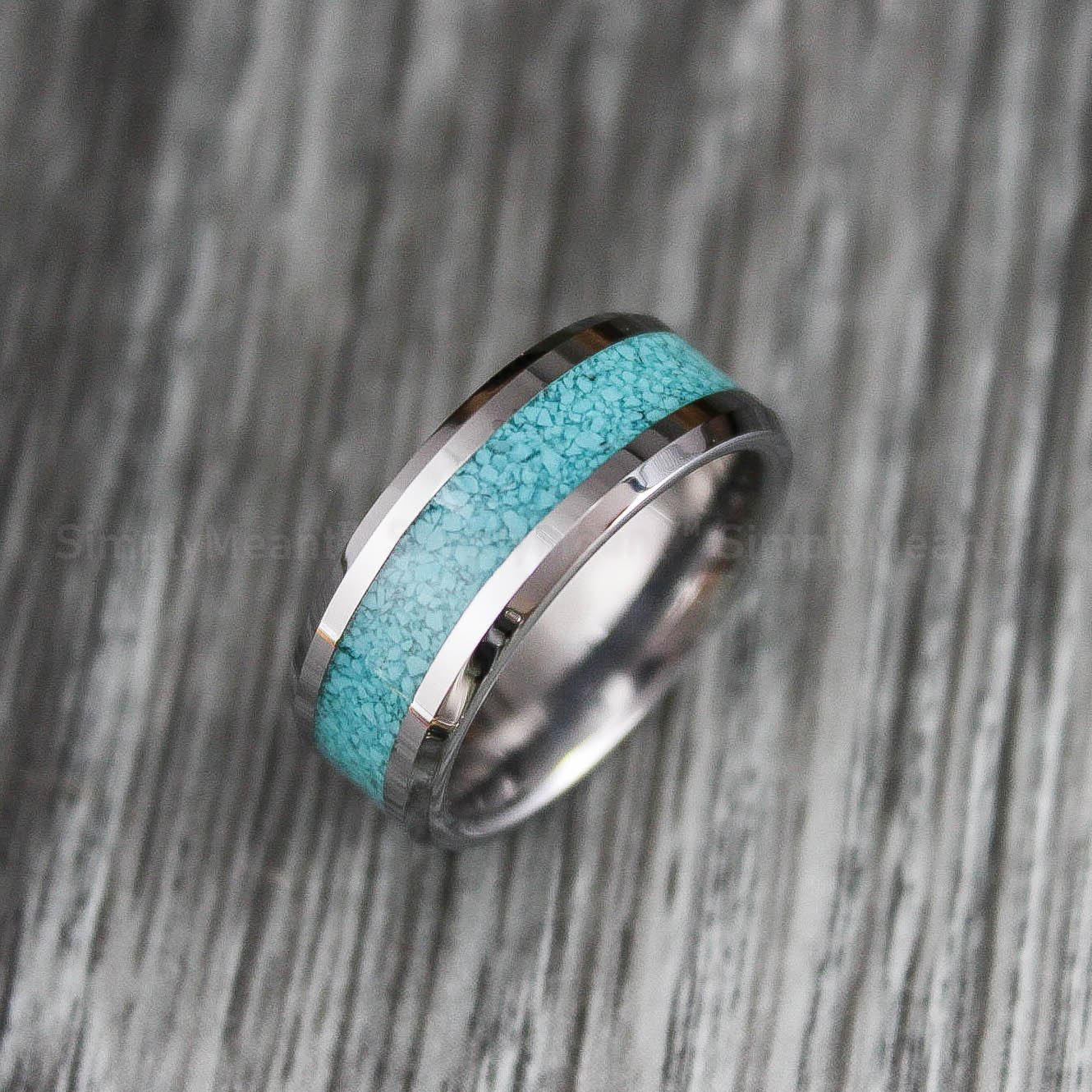 IMG_1784 Turquoise Ring, Turquoise Wedding Band, Silver Tungsten Band with Turquoise Inlay - Image 1