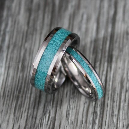 Turquoise Rings, Couple Turquoise Wedding Bands, Silver Tungsten Bands with Turquoise Inlay