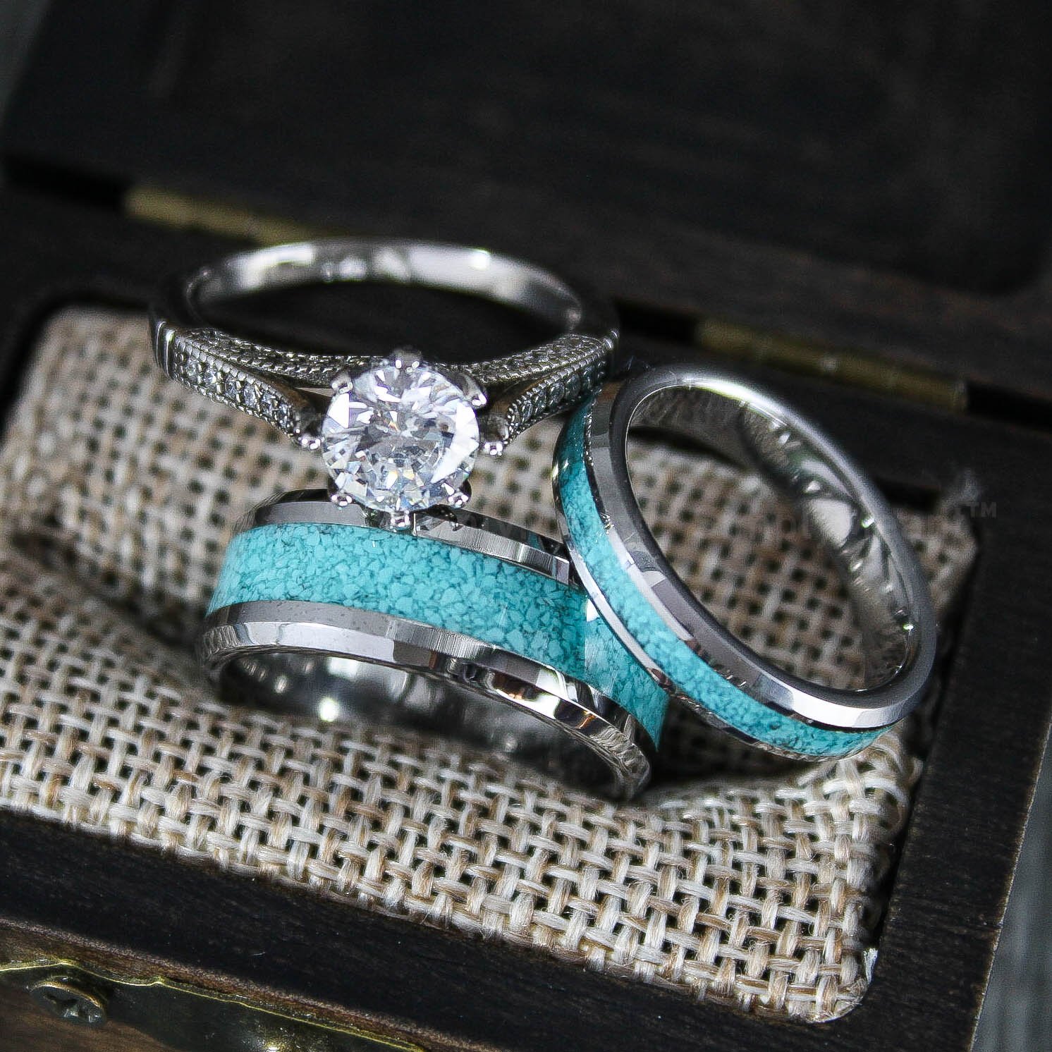 IMG_1789 Turquoise Rings, Couple Turquoise Wedding Bands, Silver Tungsten Bands with Turquoise Inlay - Image 1