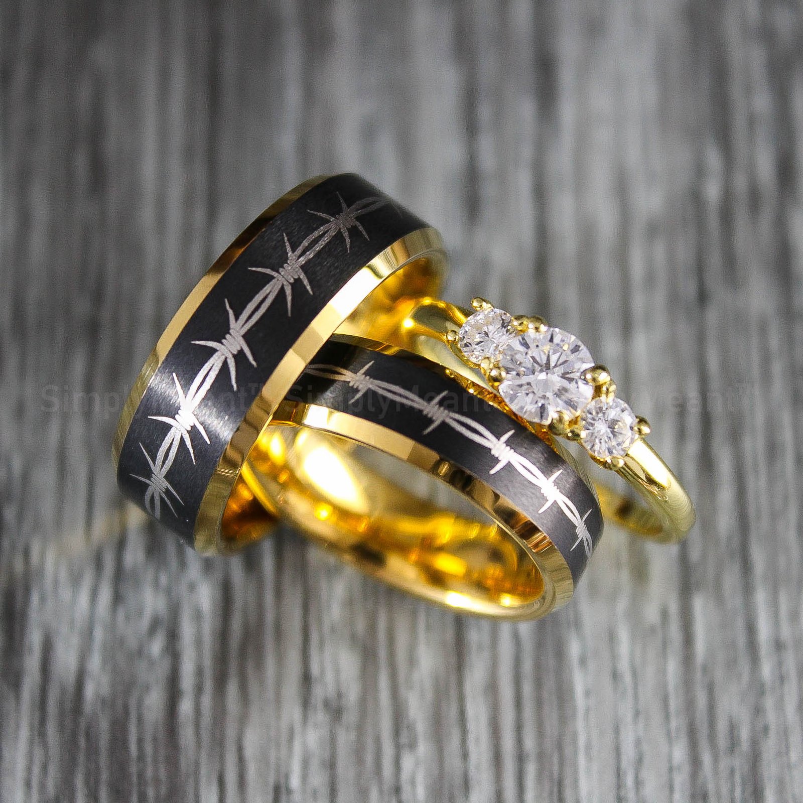 IMG_1865 Yellow Gold Rings, Barbed Wire Rings, Black Wedding Bands, Couple Ring Set, Matching Couple Rings - Image 1