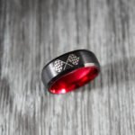 Checkered Flag Ring, Racing Ring, Black Tungsten Band Domed Edge and Red Interior, Checkered Flag, Racing Flag Ring