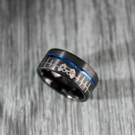 Gamer Ring, Controller Ring, 10mm Black Tungsten Band with Step Edge Controller Ring, Black Gamer Ring, Player 1 Ring, Tungsten Gamer Ring