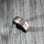 Silver Tungsten Wedding Band, Silver Wedding Ring with Yellow Gold Groove