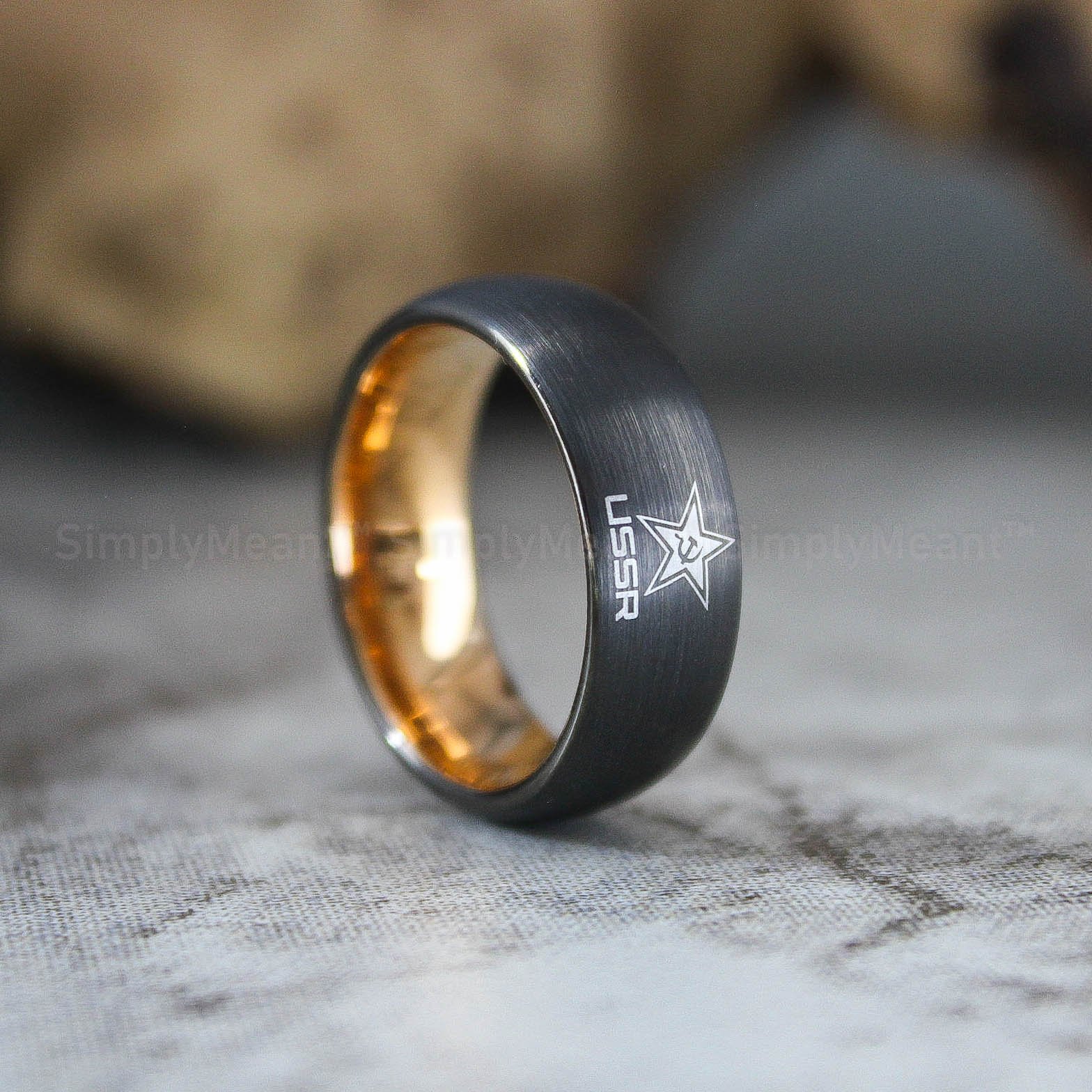 IMG_2297 USSR Ring, Communist Ring, CCCP Ring, 8mm Gunmetal Tungsten Band Domed Edge Soviet Union Cold War Flag The Hammer and Sickle CCCP Red Communist - Image 1