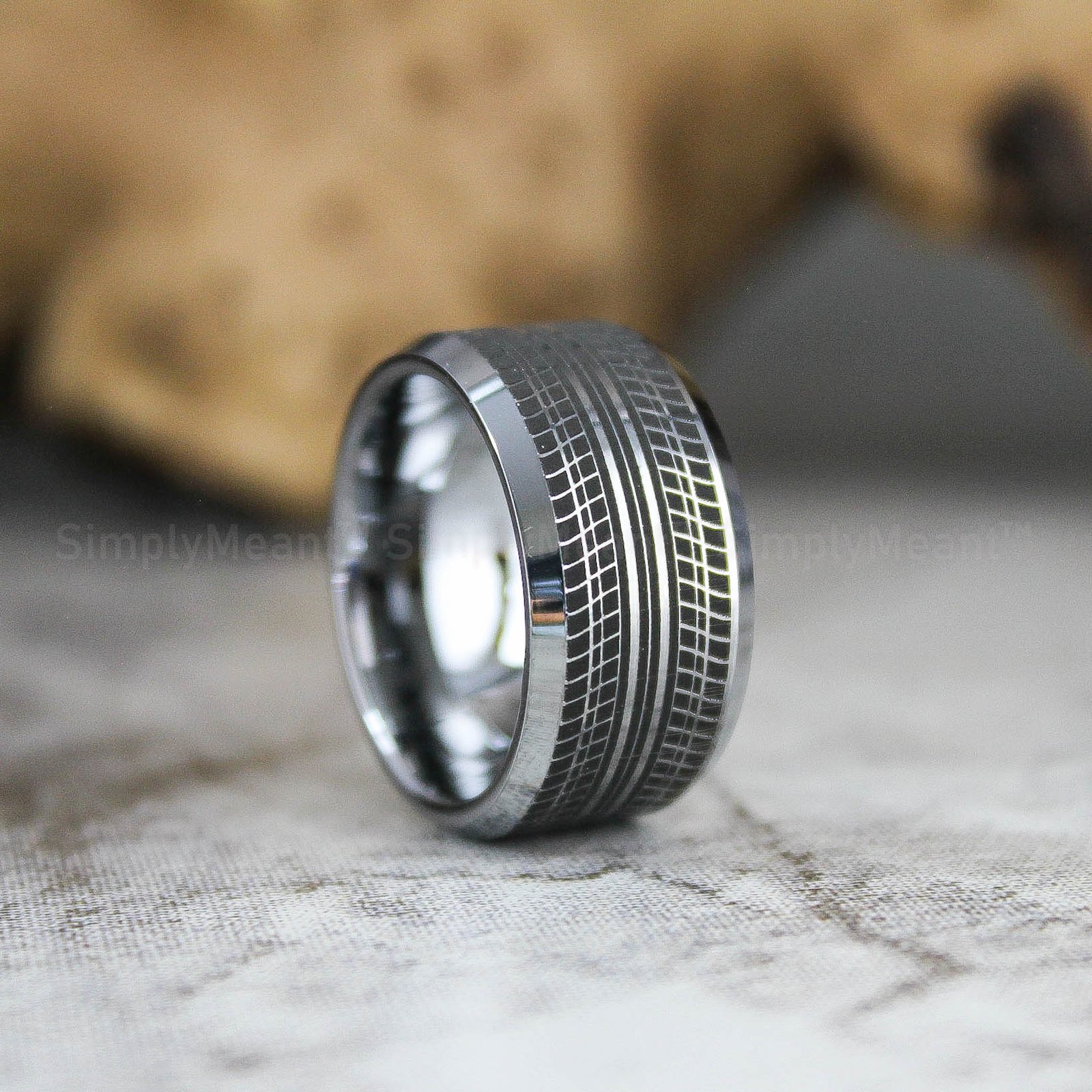 IMG_2306 Tire Ring, Tire Tread Ring, 10mm Silver Tungsten Band with Beveled Edge Truck Tire Tread Ring, Tire Tread Pattern Ring, Silver Wedding Ring - Image 1