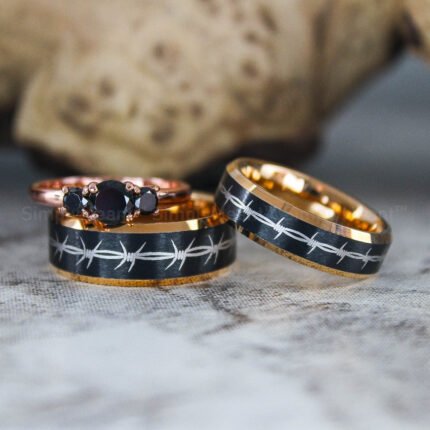 Rose Gold Rings, Barbed Wire Rings, Black Wedding Bands, Couple Ring Set, Matching Couple Rings