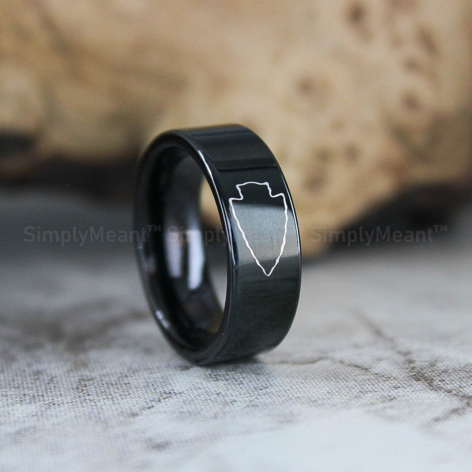 IMG_2381 Arrow Ring, Arrowhead Ring, 8mm Black Tungsten Band with Flat Edge Native American Spearhead Ring, Arrow Ring, Black Tungsten Ring - Image 1