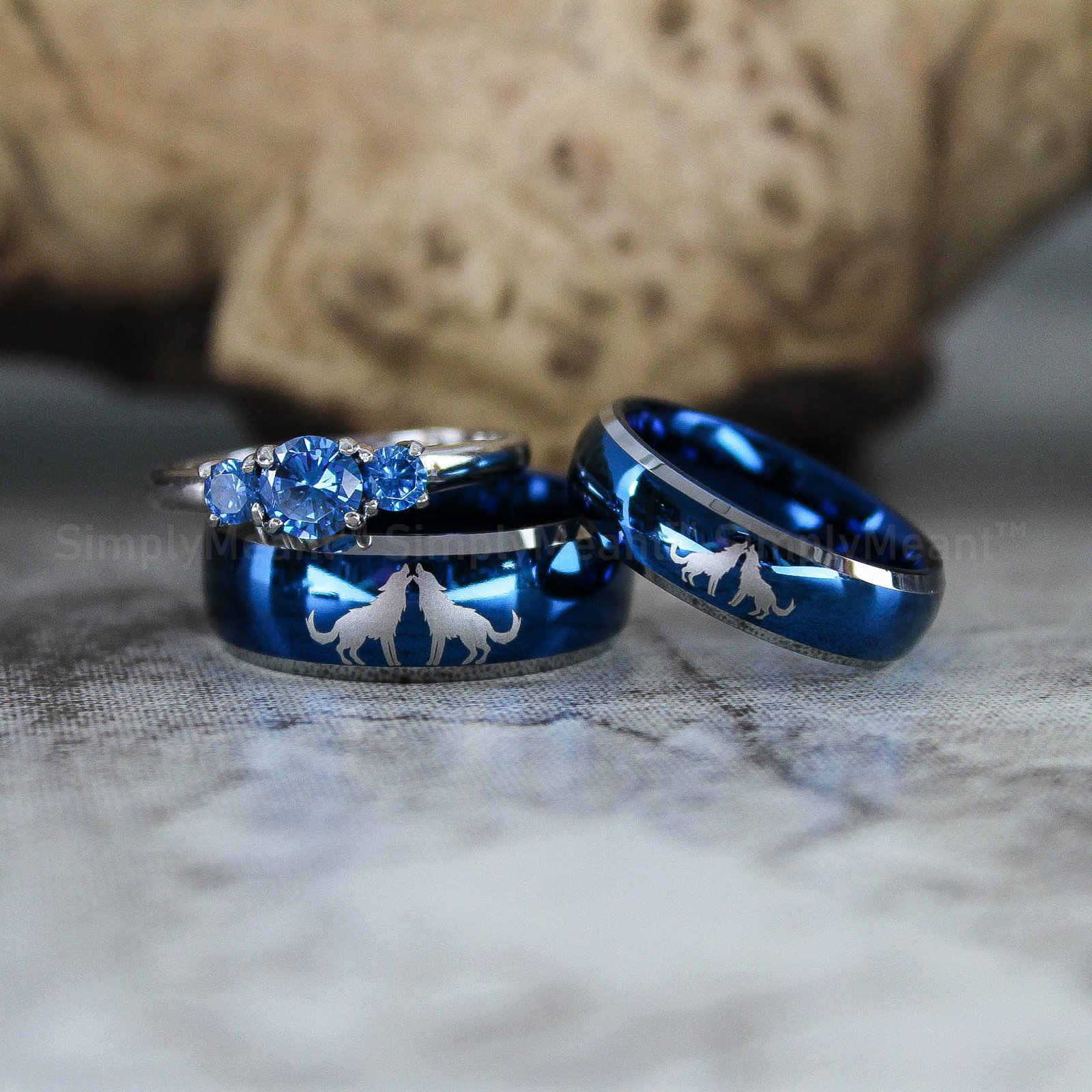 IMG_2395 Wolves Rings, Howling Wolves Wedding Bands, Wolf Jewelry, Blue Wedding Bands - Image 1