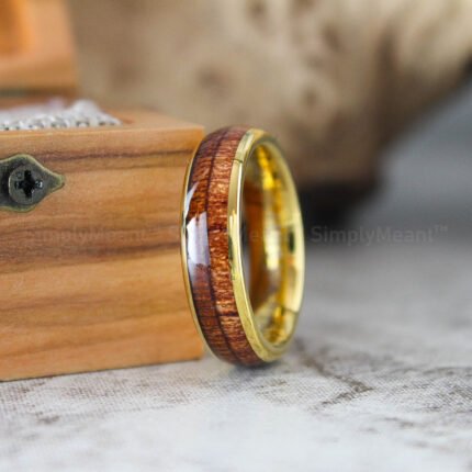 Wood Ring, Wood Wedding Band, Yellow Gold Tungsten Wedding Band, Wood Wedding Ring