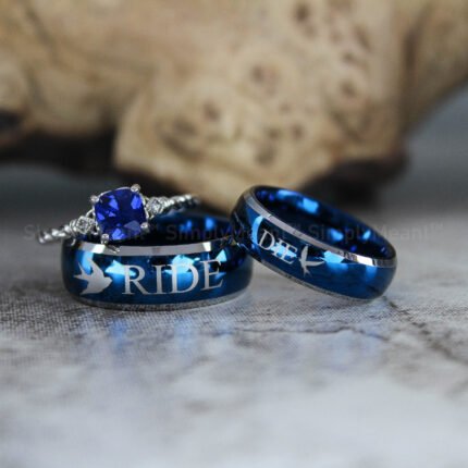 Ride or Die Rings, Blue Wedding Bands, Couple Ring Set, Matching Couple Rings
