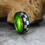 Checkered Flag Ring, Racing Ring, Black Tungsten Band Domed Edge and Green Interior, Checkered Flag, Racing Flag Ring