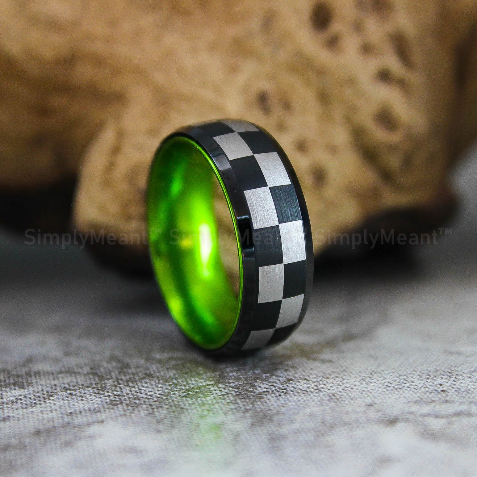 IMG_2844 Checkered Flag Ring, Racing Ring, Black Tungsten Band Domed Edge and Green Interior, Checkered Flag, Racing Flag Ring - Image 1