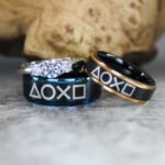 Gamer Rings, Black Gamer Rings, Black Tungsten Bands with Step Edge Player 1 Player 2 Gamer Ring, Black Wedding Rings