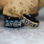 Gamer Rings, Black Gamer Rings, Black Tungsten Bands with Step Edge Player 1 Player 2 Gamer Ring, Black Wedding Rings