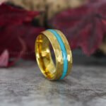Turquoise Ring, Turquoise Wedding Band, Yellow Gold Tungsten Band with Turquoise Inlay
