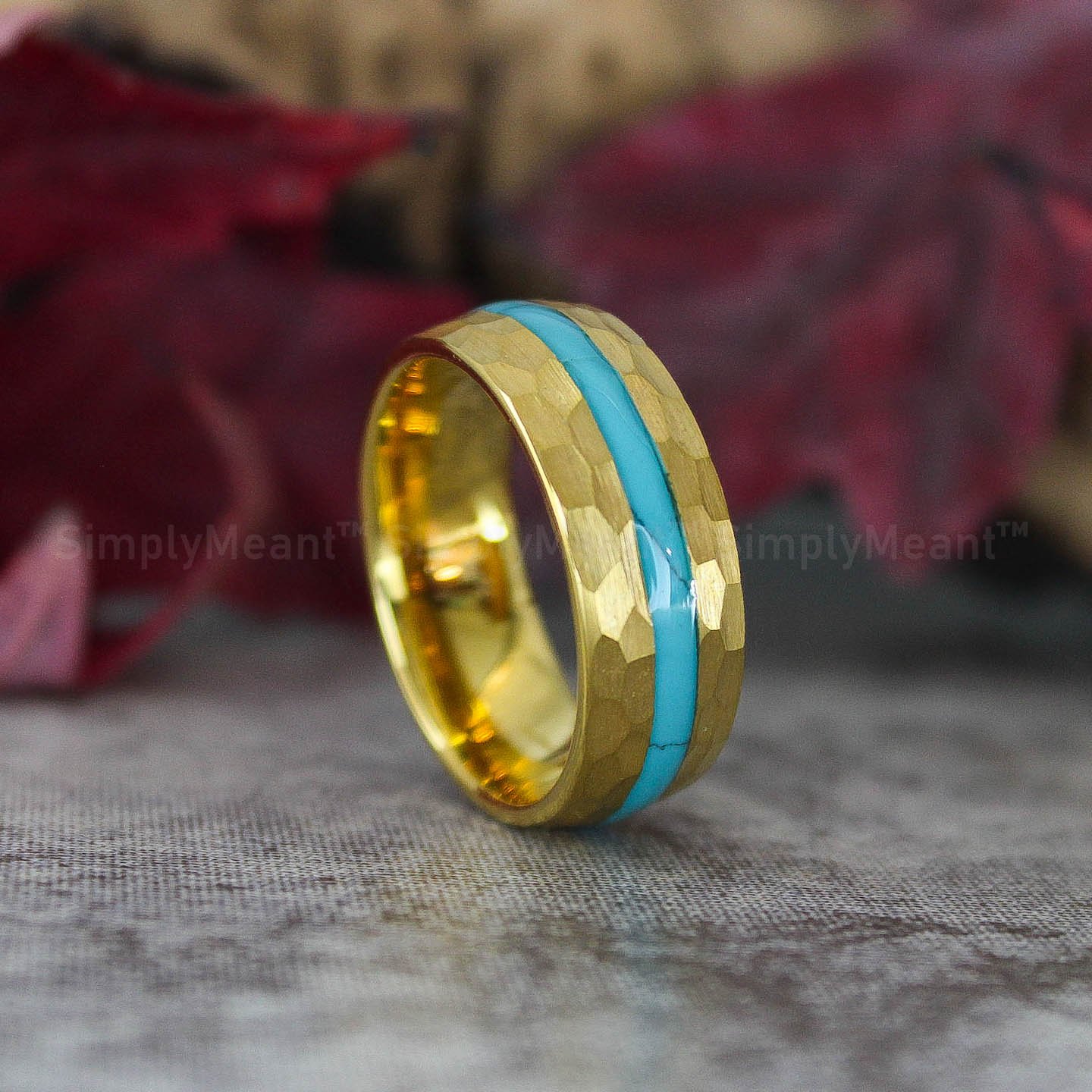 IMG_3226 Turquoise Ring, Turquoise Wedding Band, Yellow Gold Tungsten Band with Turquoise Inlay - Image 1