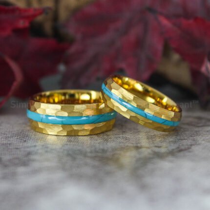 Turquoise Rings, Turquoise Wedding Bands, Yellow Gold Tungsten Band with Turquoise Inlay