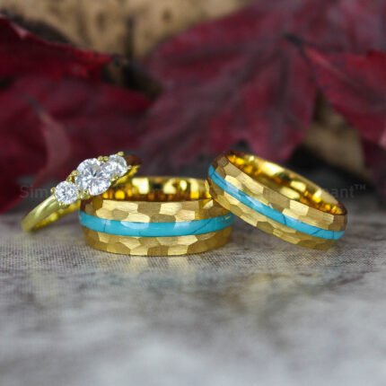 Turquoise Rings, Turquoise Wedding Bands, Yellow Gold Tungsten Band with Turquoise Inlay